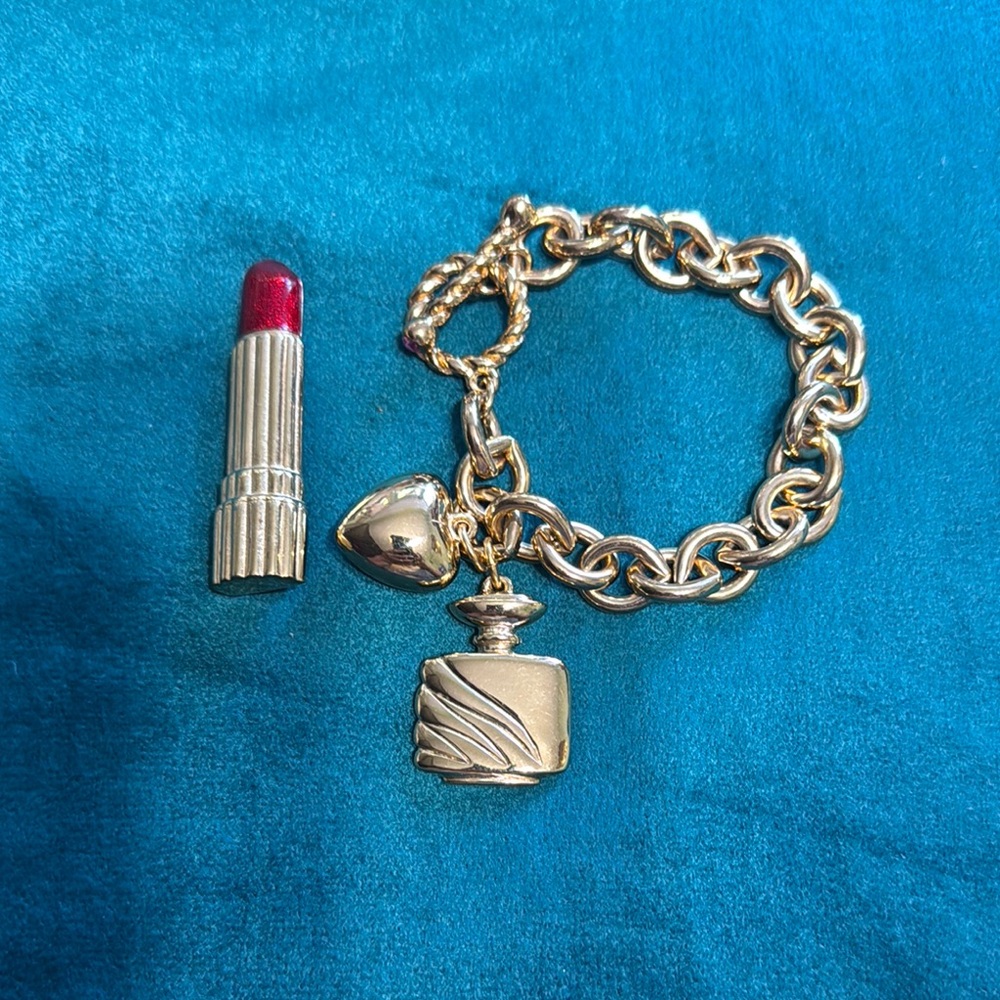 Gold Charm Bracelet with Lipstick and Heart Pendants ESTEE LAUDER